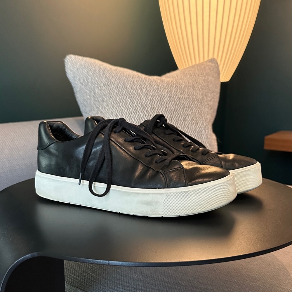 Black Leather Sneakers with White Soles